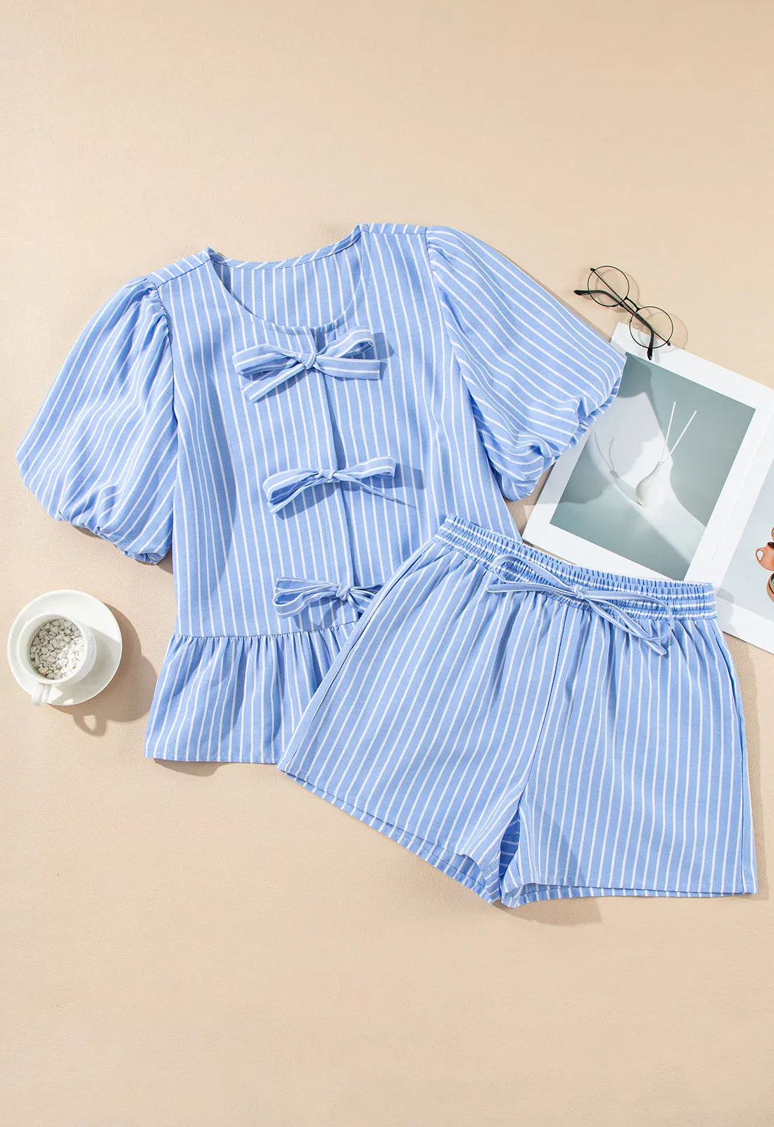 Sky Blue Striped Bowknot Detail Puffy Sleeve Top and Shorts 2Pcs Set sold by Beagle Boutique product image thumbnail 4