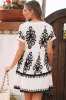 Black Vintage Print V Neck High Waist Short Sleeve Dress sold by Beagle Boutique