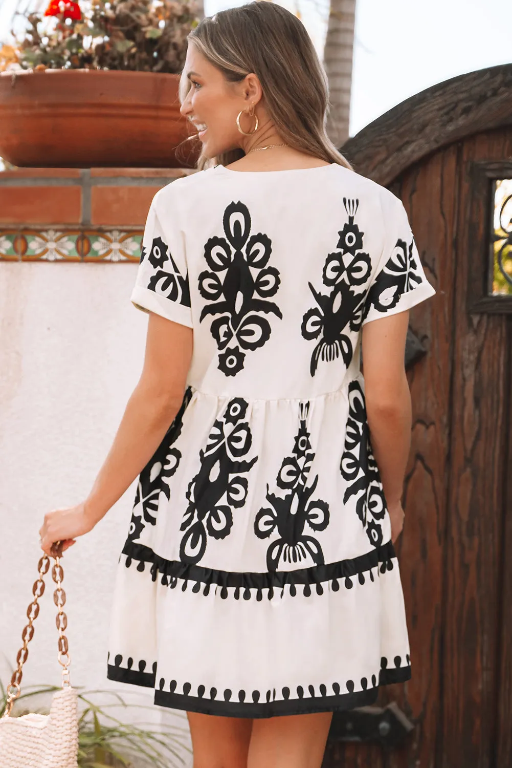 Black Vintage Print V Neck High Waist Short Sleeve Dress sold by Beagle Boutique product image thumbnail 3