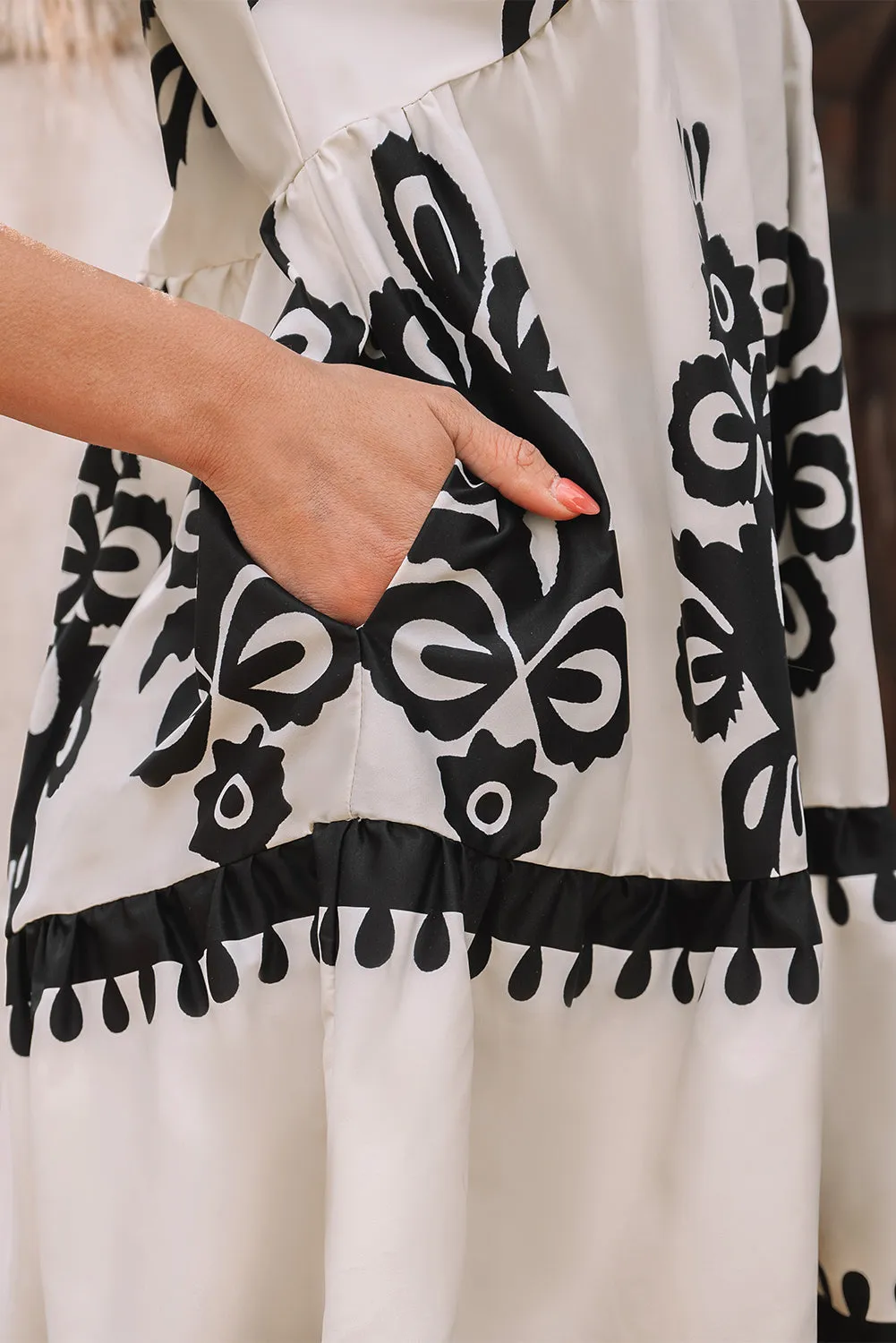 Black Vintage Print V Neck High Waist Short Sleeve Dress sold by Beagle Boutique product image thumbnail 4