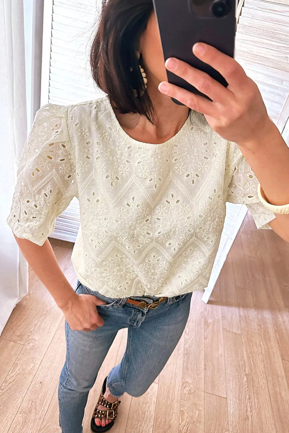 Beige Eyelet Embroidered Half Sleeve Casual Blouse sold by Beagle Boutique product image thumbnail 2