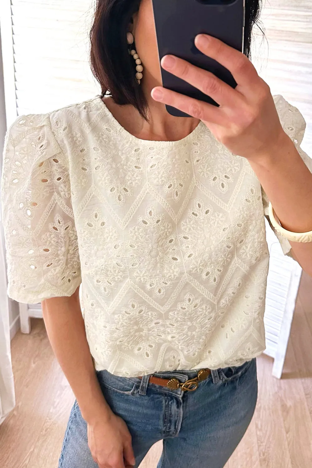 Beige Eyelet Embroidered Half Sleeve Casual Blouse sold by Beagle Boutique