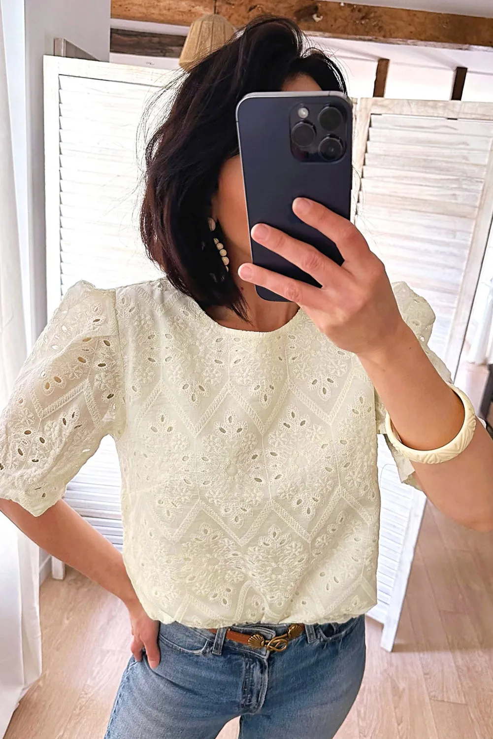 Beige Eyelet Embroidered Half Sleeve Casual Blouse sold by Beagle Boutique product image thumbnail 3