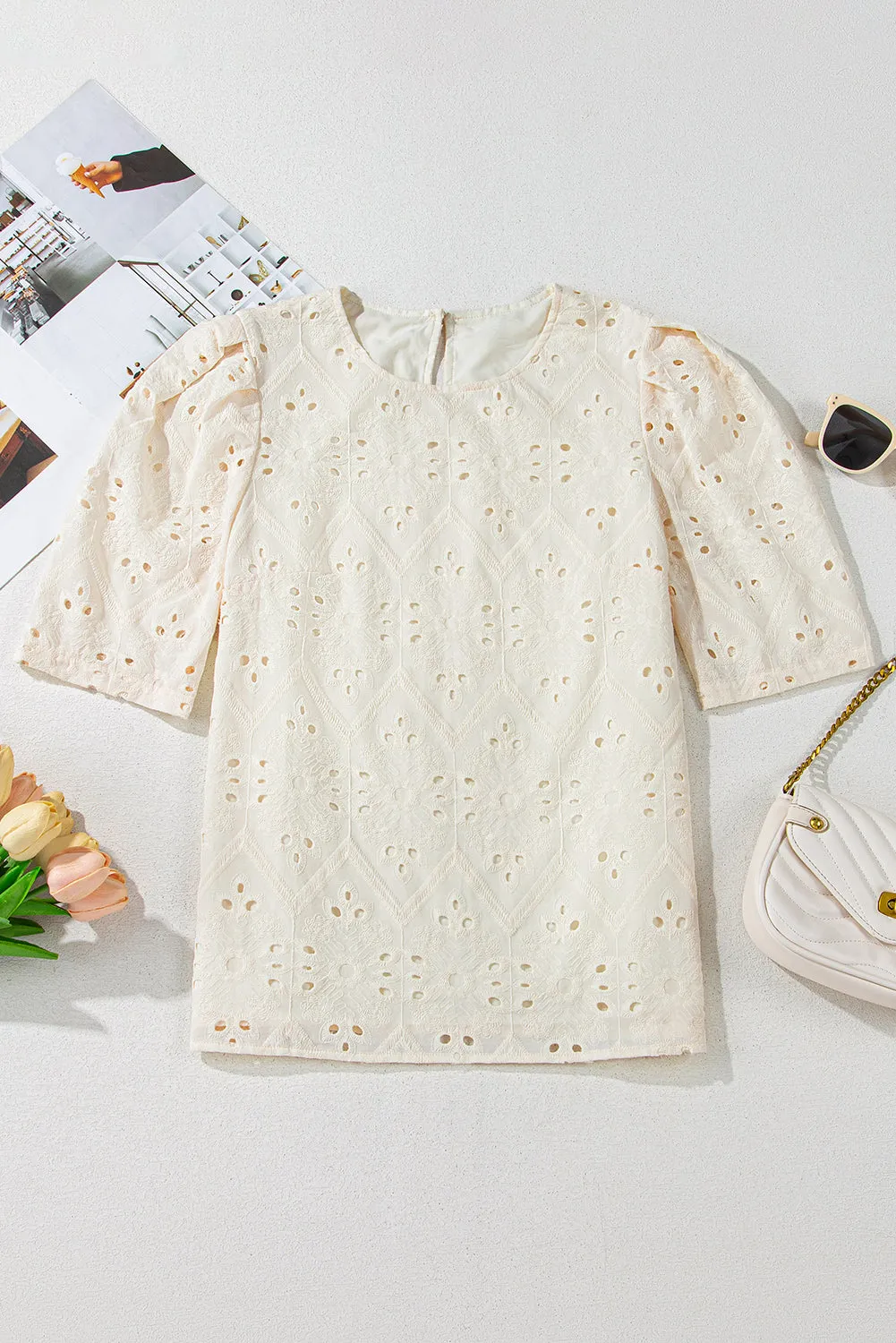 Beige Eyelet Embroidered Half Sleeve Casual Blouse sold by Beagle Boutique product image thumbnail 4