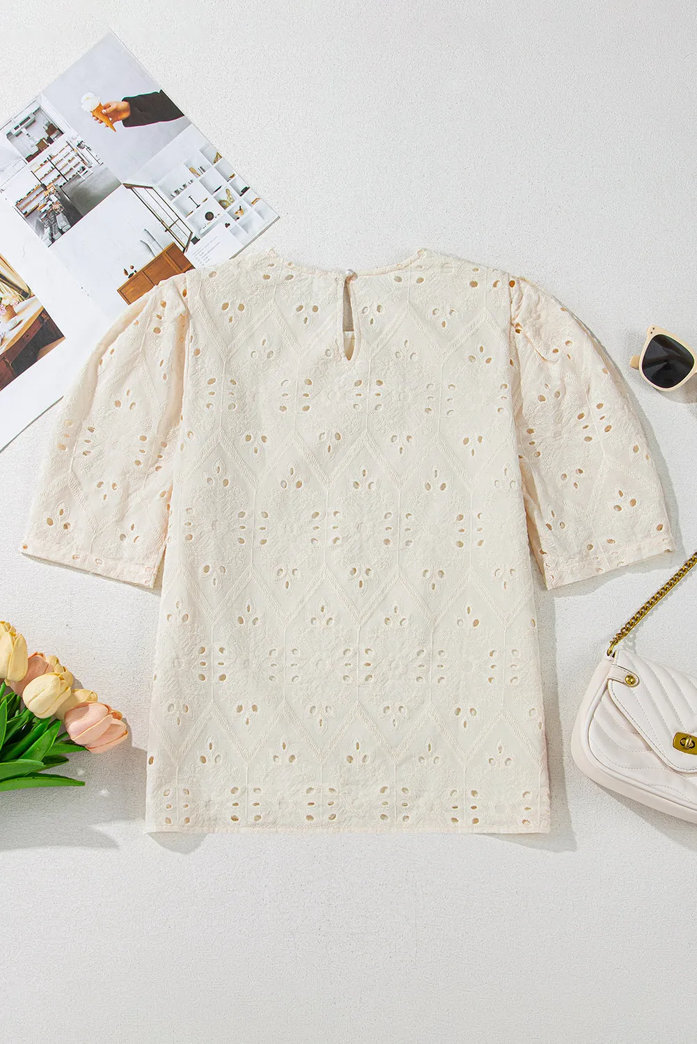 Beige Eyelet Embroidered Half Sleeve Casual Blouse sold by Beagle Boutique product image thumbnail 5