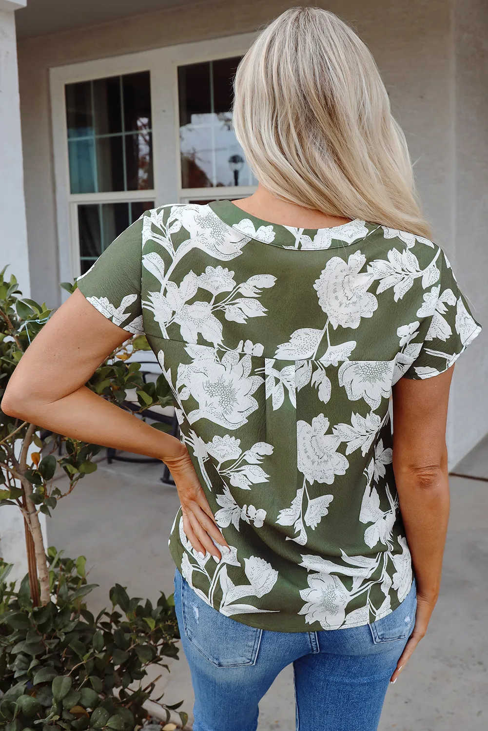 Green Floral Print Split Neck Short Sleeve Blouse sold by Beagle Boutique product image thumbnail 2