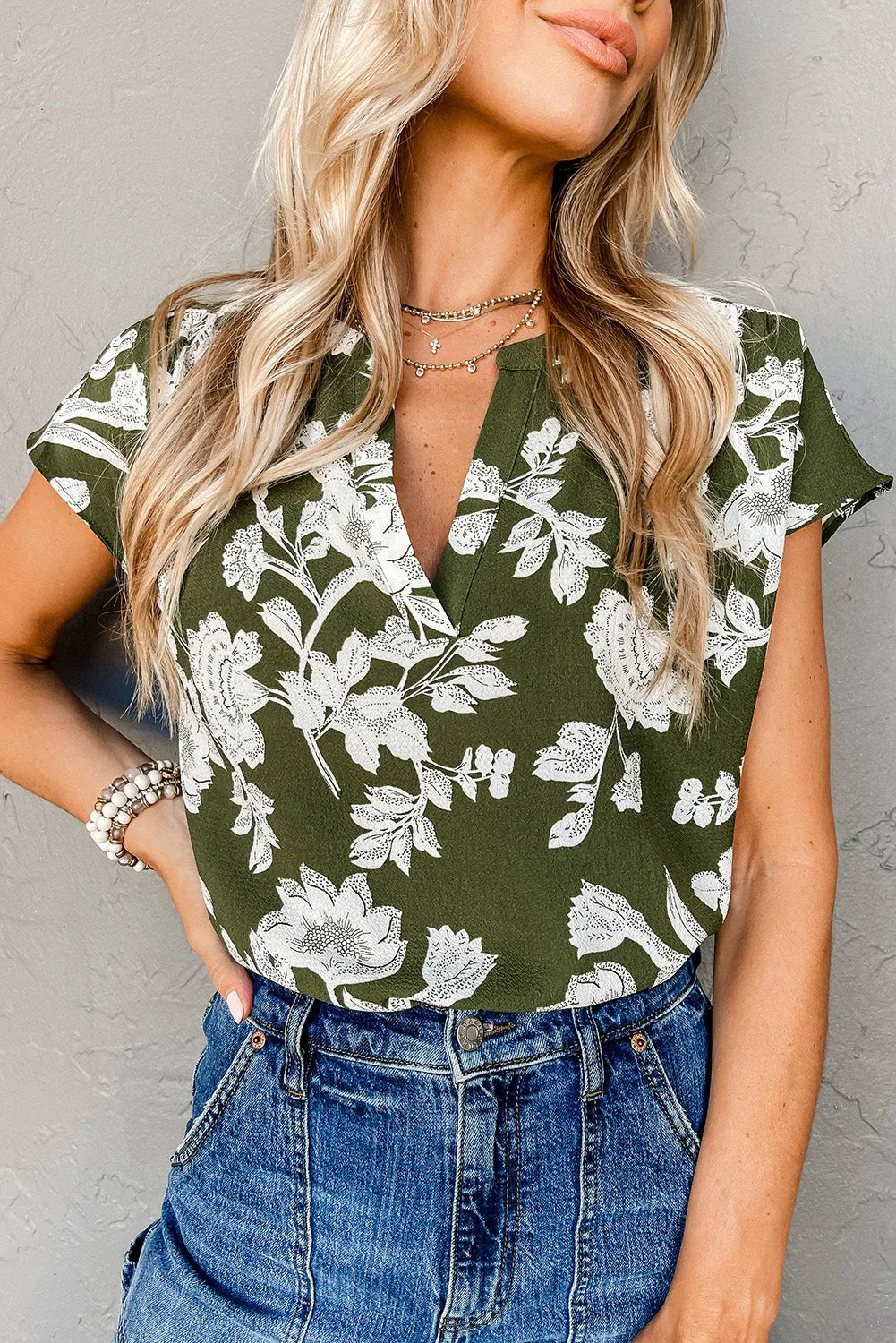 Green Floral Print Split Neck Short Sleeve Blouse sold by Beagle Boutique product image thumbnail 4