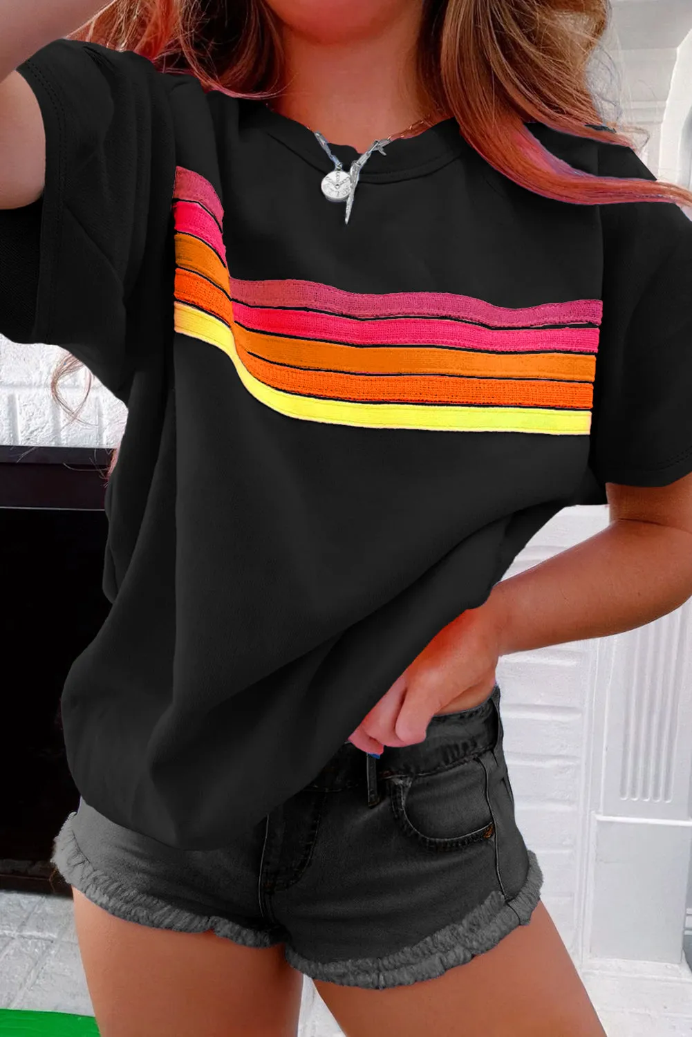 Black Striped Patch Front Casual Tee sold by Beagle Boutique