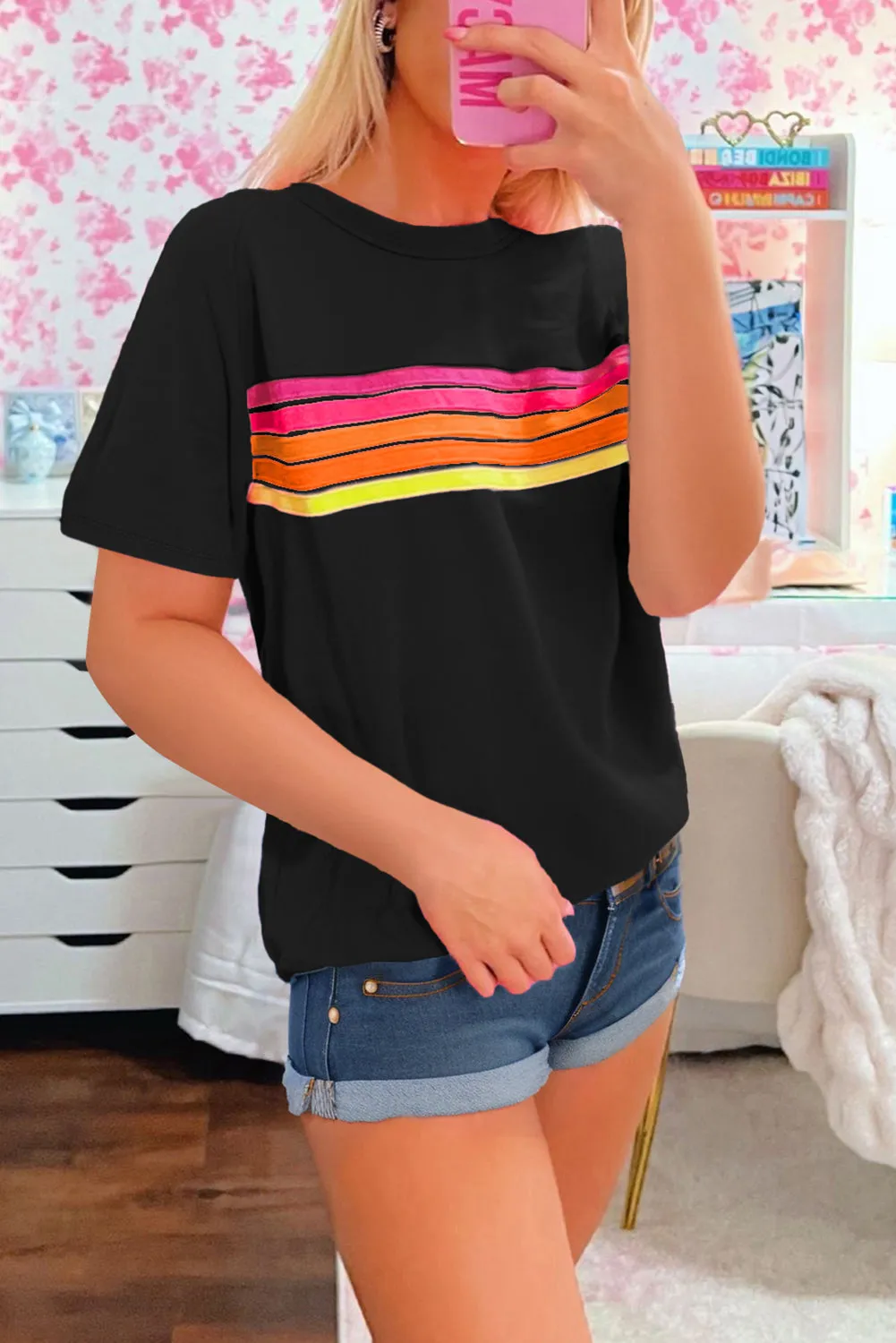 Black Striped Patch Front Casual Tee sold by Beagle Boutique product image thumbnail 2