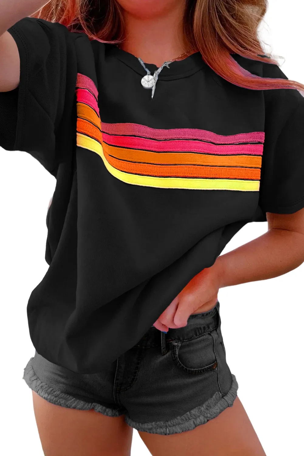 Black Striped Patch Front Casual Tee sold by Beagle Boutique product image thumbnail 3