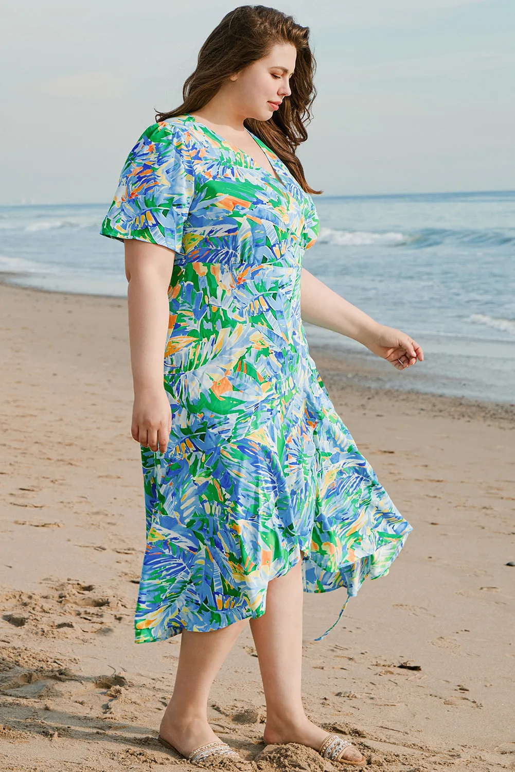 Green Leaves Print Short Sleeve Surplice Neck Ruffled Trim Plus Size Maxi Dress sold by Beagle Boutique product image thumbnail 3