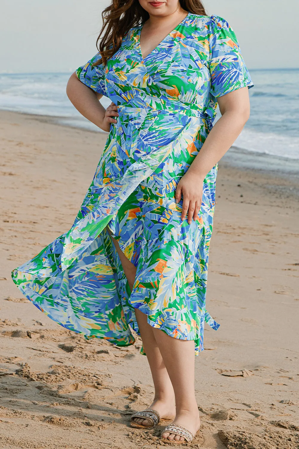Green Leaves Print Short Sleeve Surplice Neck Ruffled Trim Plus Size Maxi Dress sold by Beagle Boutique product image thumbnail 5