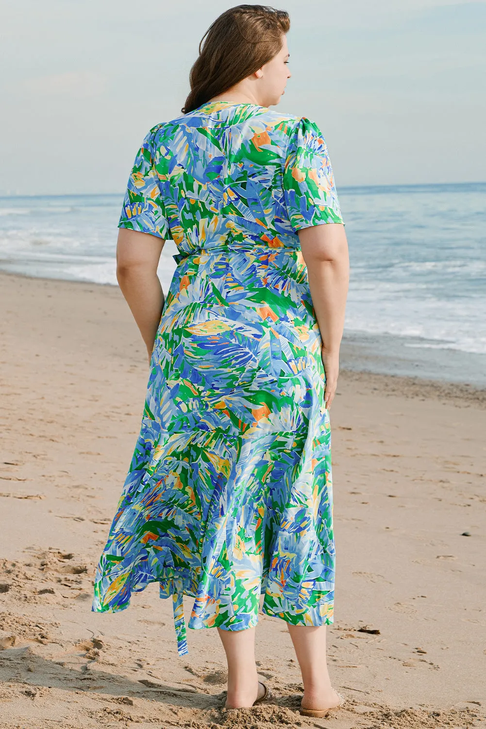 Green Leaves Print Short Sleeve Surplice Neck Ruffled Trim Plus Size Maxi Dress sold by Beagle Boutique product image thumbnail 2