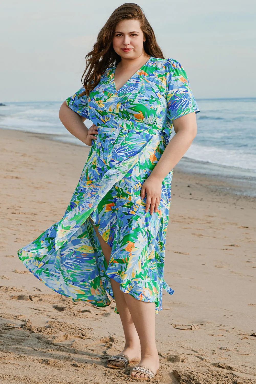 Green Leaves Print Short Sleeve Surplice Neck Ruffled Trim Plus Size Maxi Dress sold by Beagle Boutique