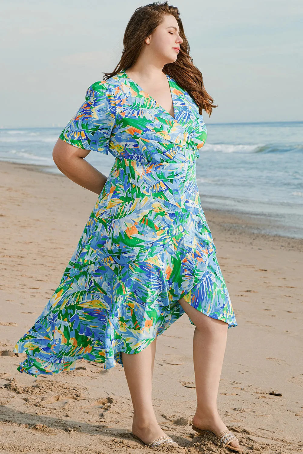 Green Leaves Print Short Sleeve Surplice Neck Ruffled Trim Plus Size Maxi Dress sold by Beagle Boutique product image thumbnail 4