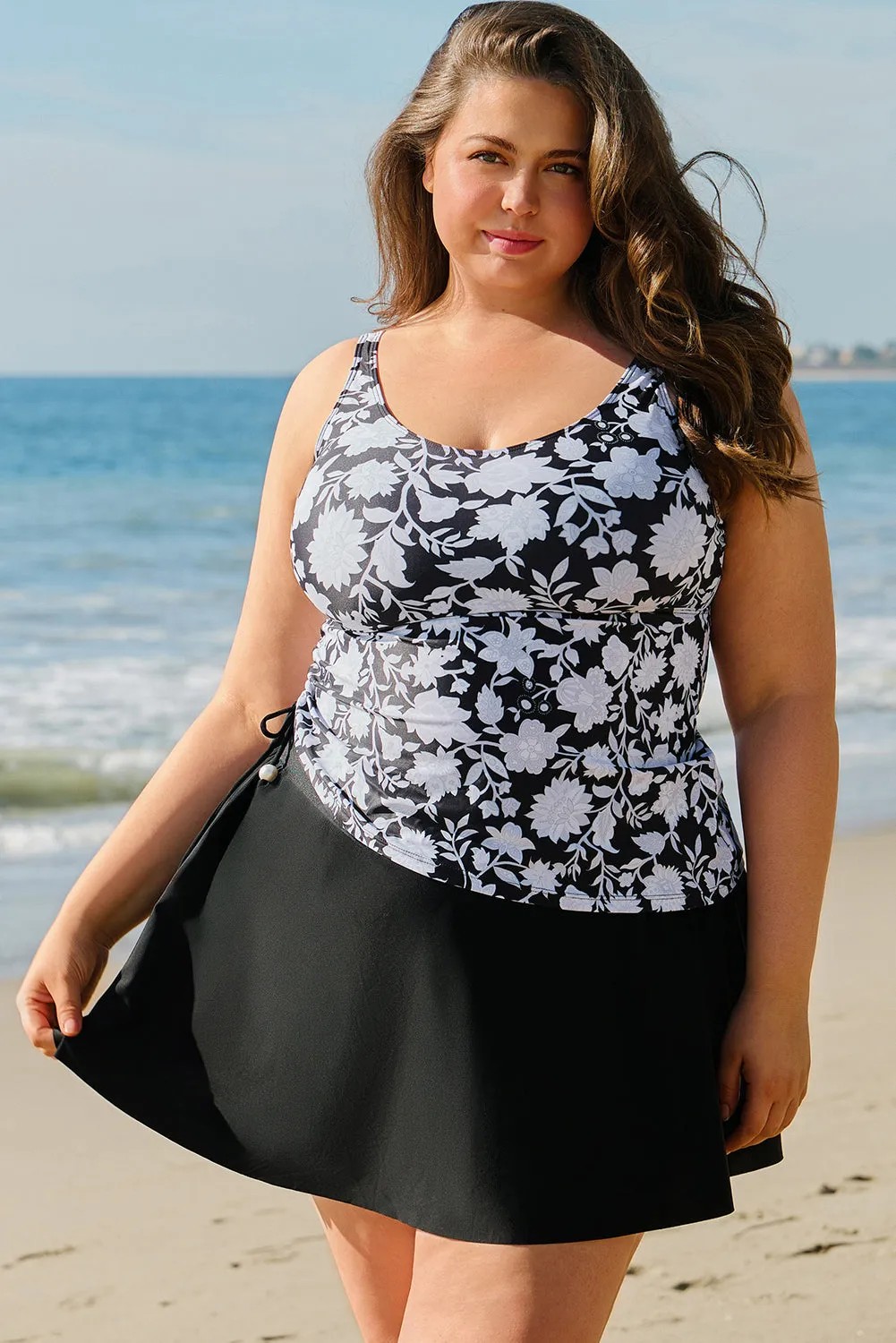 Black Plus Size Printed Square Neck Drawstring Ruffled Tankini Set sold by Beagle Boutique