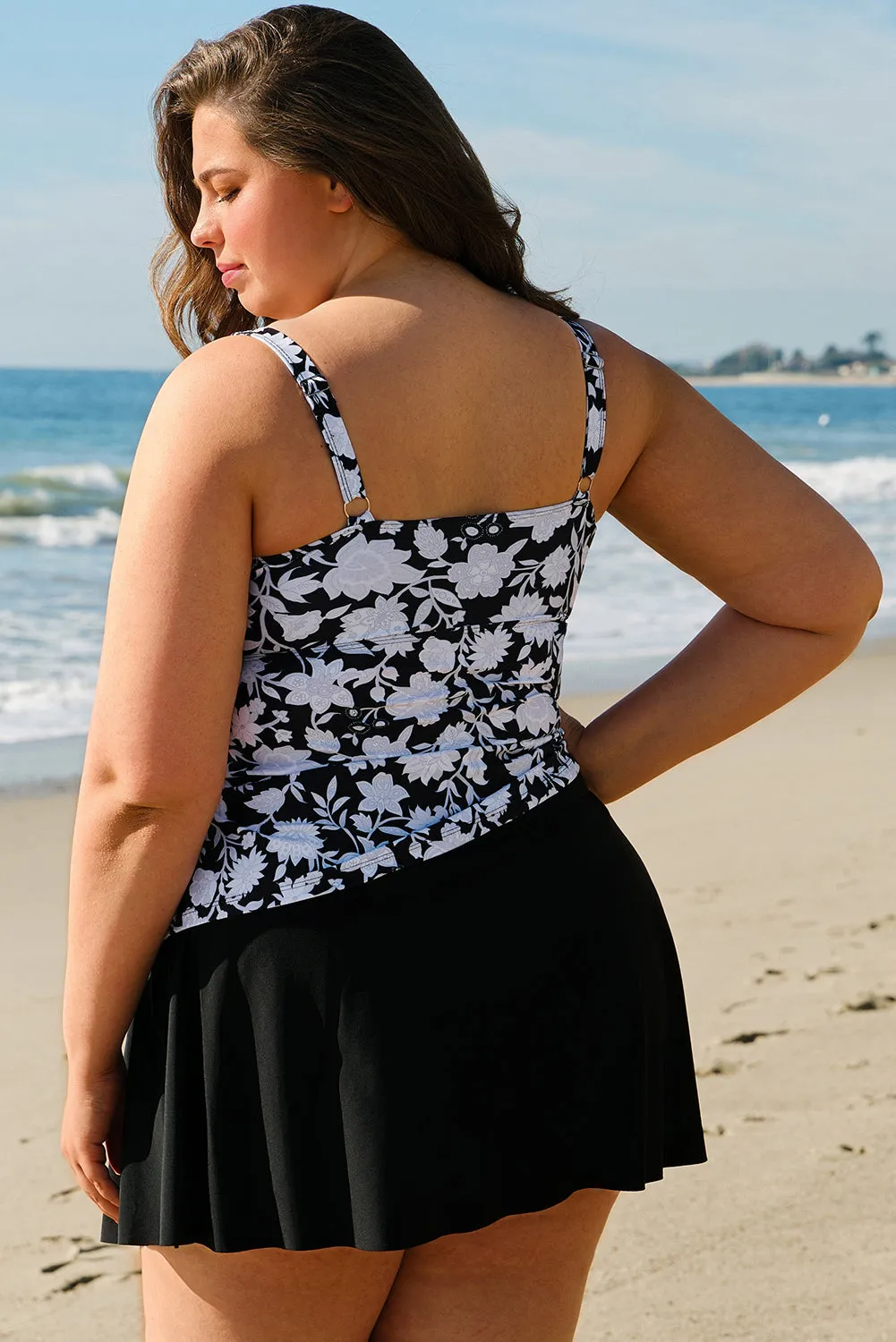 Black Plus Size Printed Square Neck Drawstring Ruffled Tankini Set sold by Beagle Boutique product image thumbnail 2