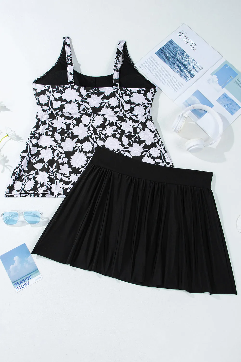 Black Plus Size Printed Square Neck Drawstring Ruffled Tankini Set sold by Beagle Boutique product image thumbnail 5