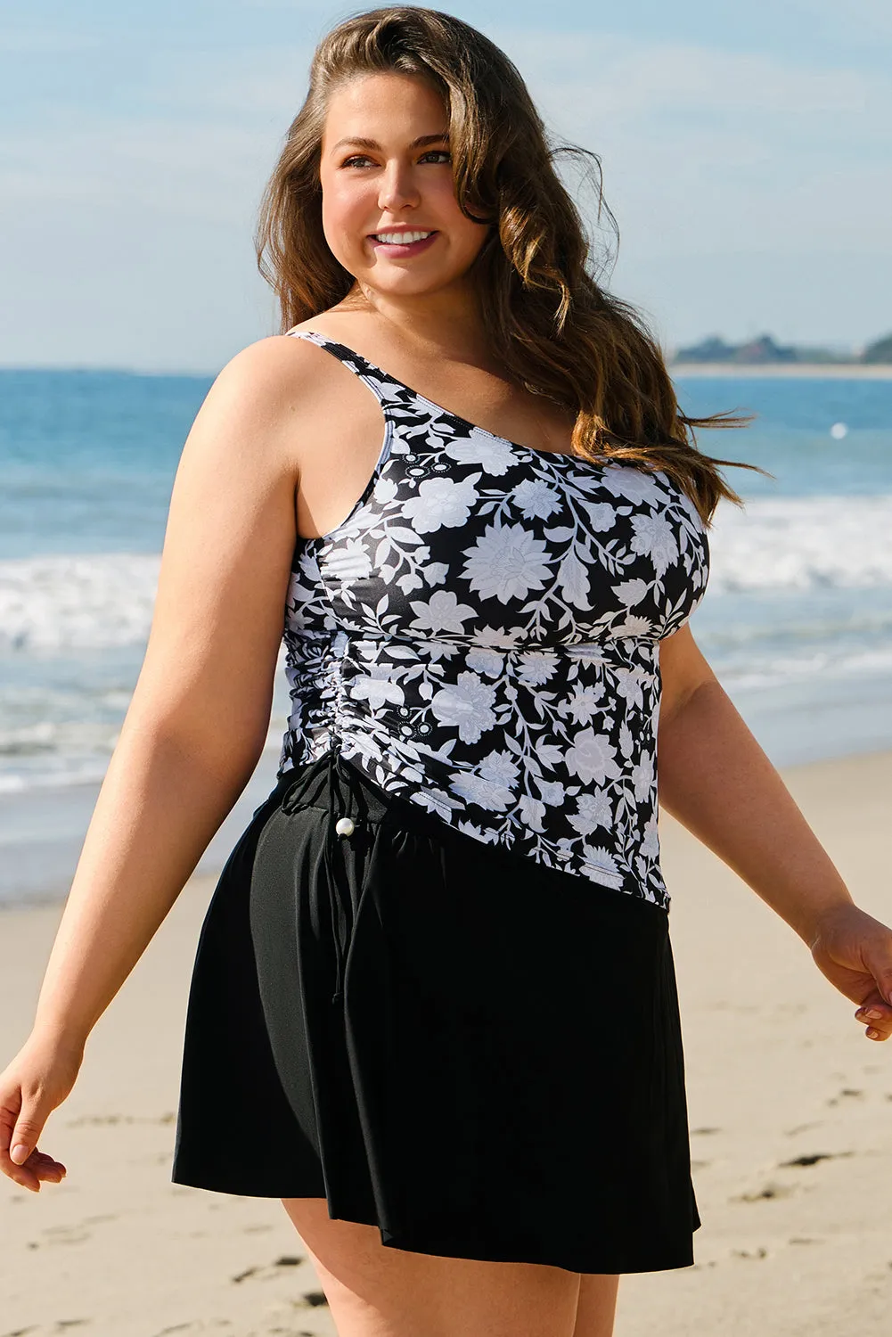 Black Plus Size Printed Square Neck Drawstring Ruffled Tankini Set sold by Beagle Boutique product image thumbnail 3