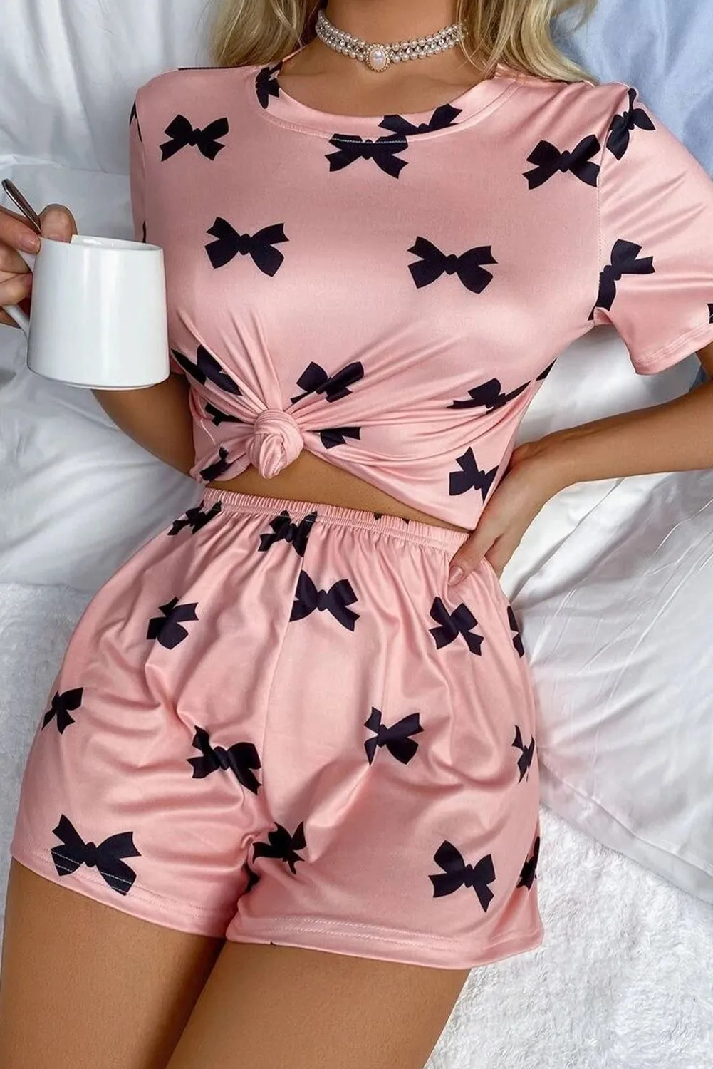 Pink Bow Printed Short 2pcs Lounge Set Pyjamaes sold by Beagle Boutique product image thumbnail 3