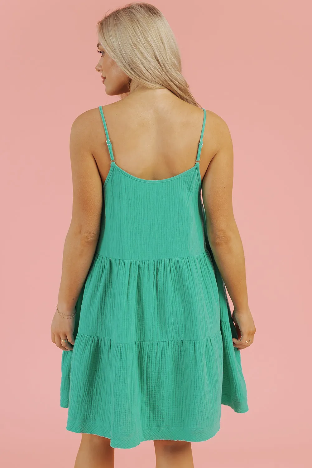 Sea Green Textured Buttoned Thin Strap Tiered Loose Fit Mini Dress sold by Beagle Boutique product image thumbnail 2