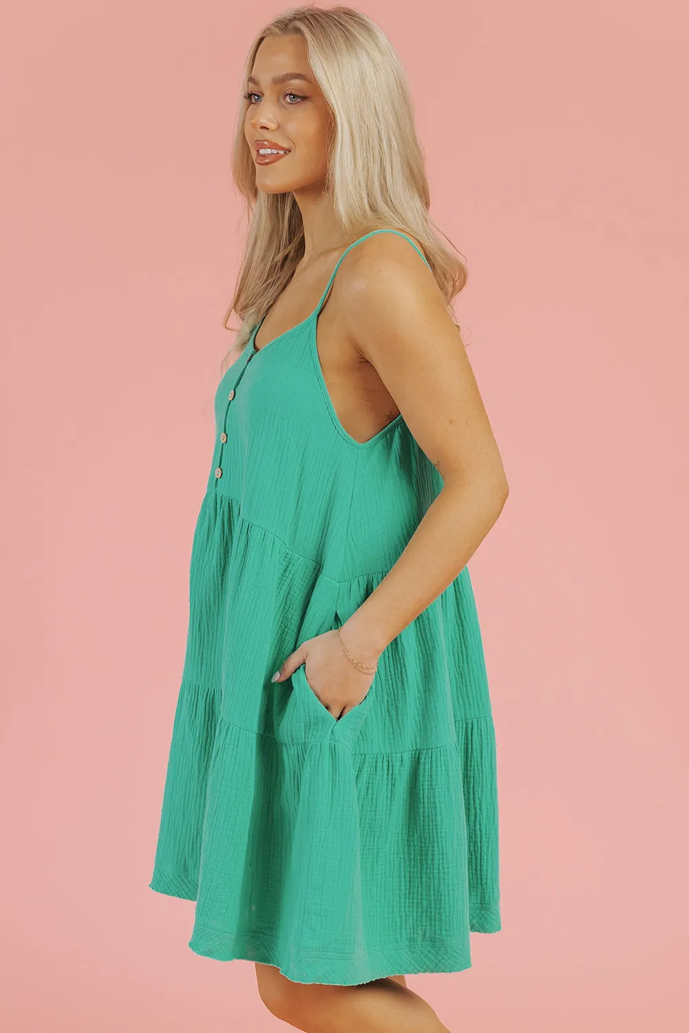 Sea Green Textured Buttoned Thin Strap Tiered Loose Fit Mini Dress sold by Beagle Boutique product image thumbnail 3