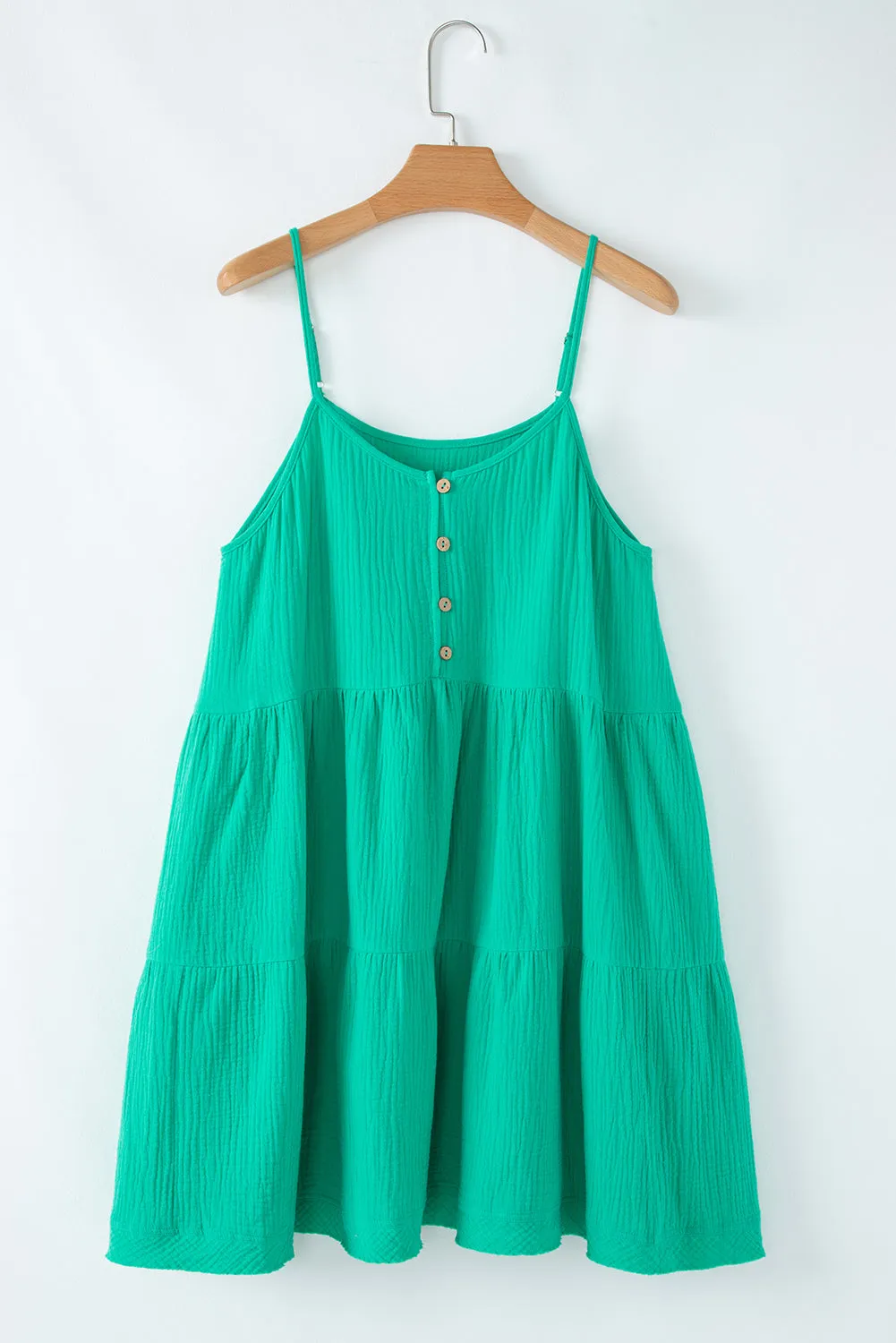 Sea Green Textured Buttoned Thin Strap Tiered Loose Fit Mini Dress sold by Beagle Boutique product image thumbnail 5