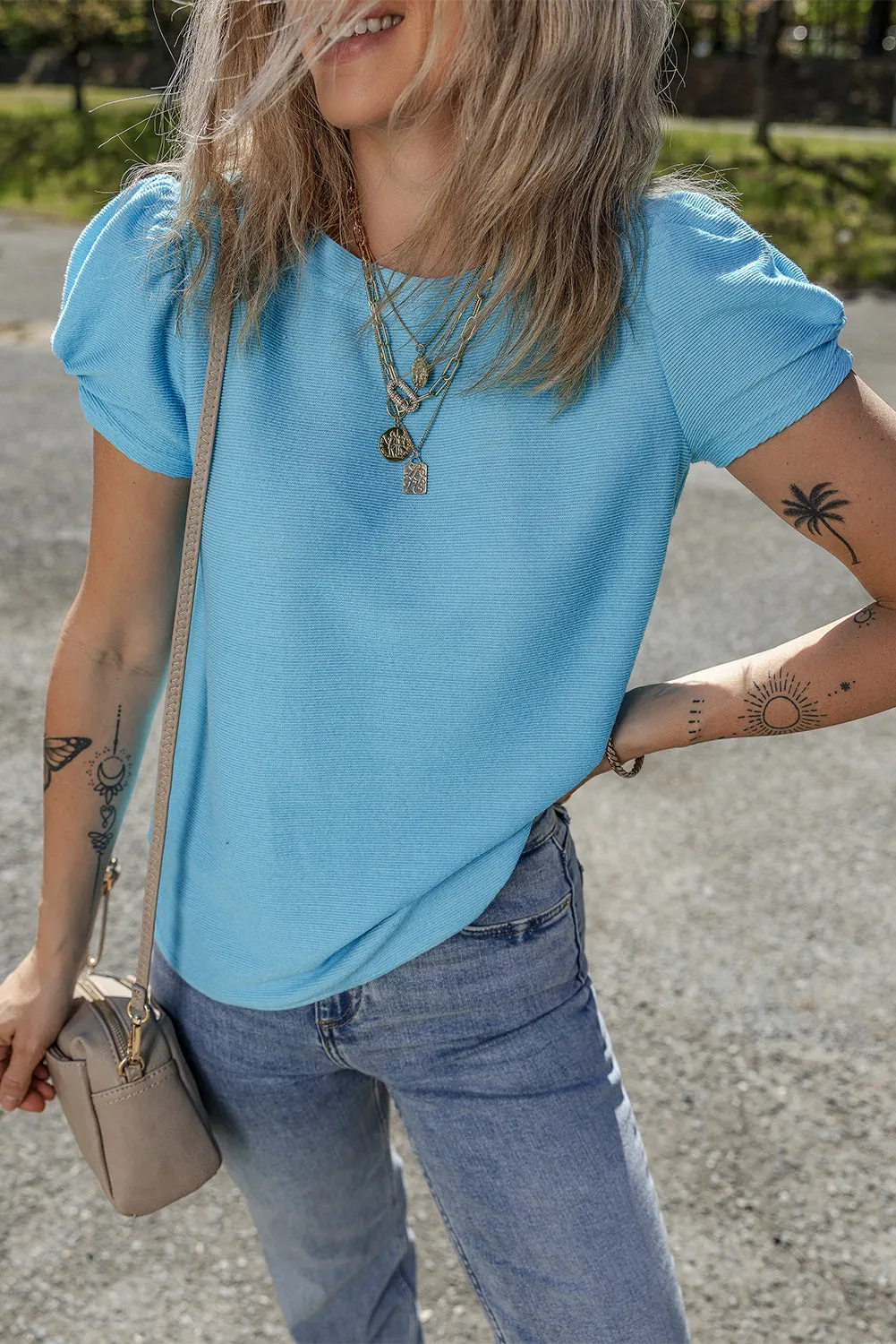 Light Blue Bubble Sleeve Solid Colour Elegant T-Shirt sold by Beagle Boutique