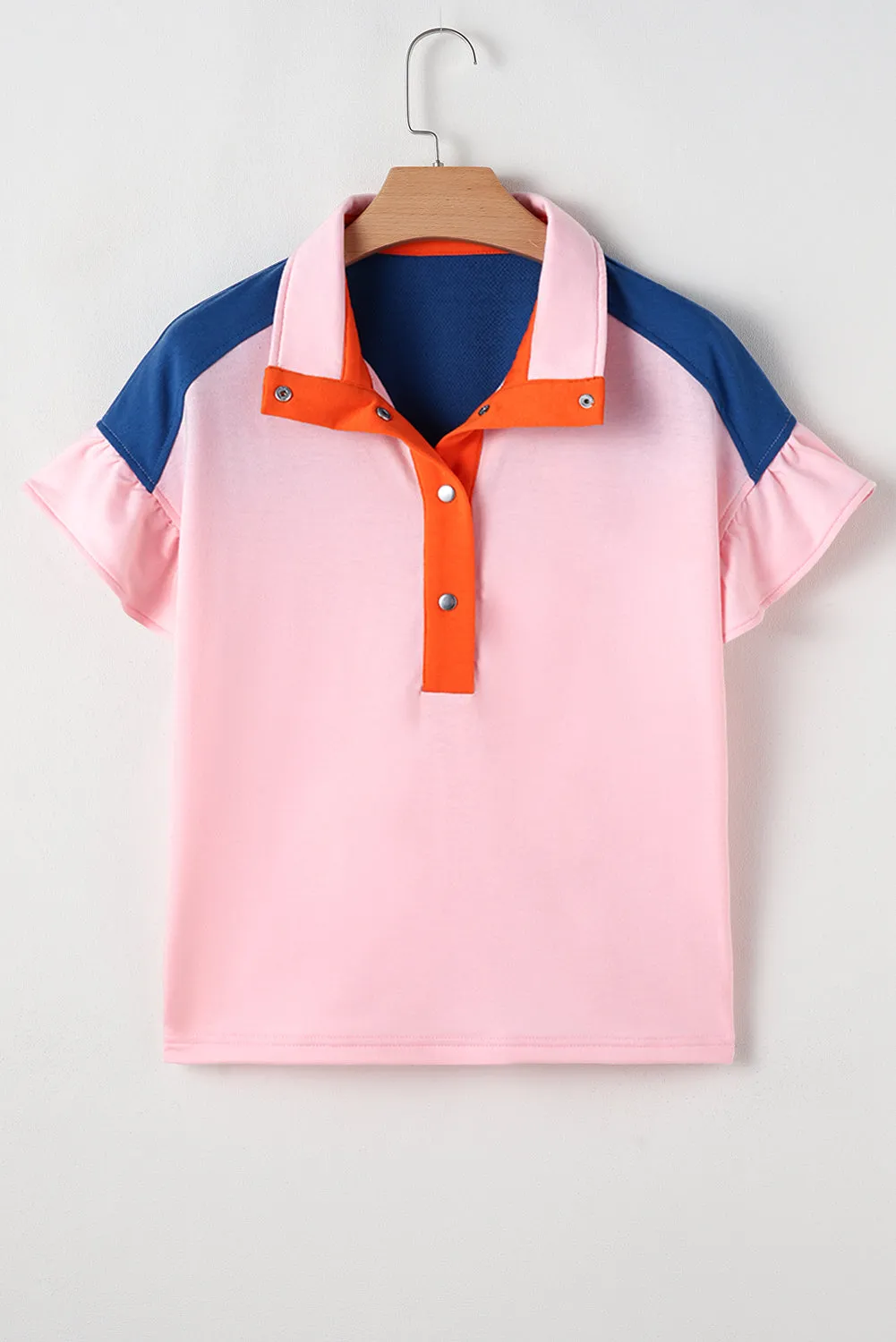 Gossamer Pink Colour Block Half Buttoned Ruffled Short Sleeve T Shirt sold by Beagle Boutique product image thumbnail 4