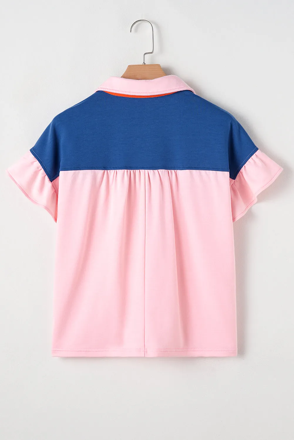 Gossamer Pink Colour Block Half Buttoned Ruffled Short Sleeve T Shirt sold by Beagle Boutique product image thumbnail 5