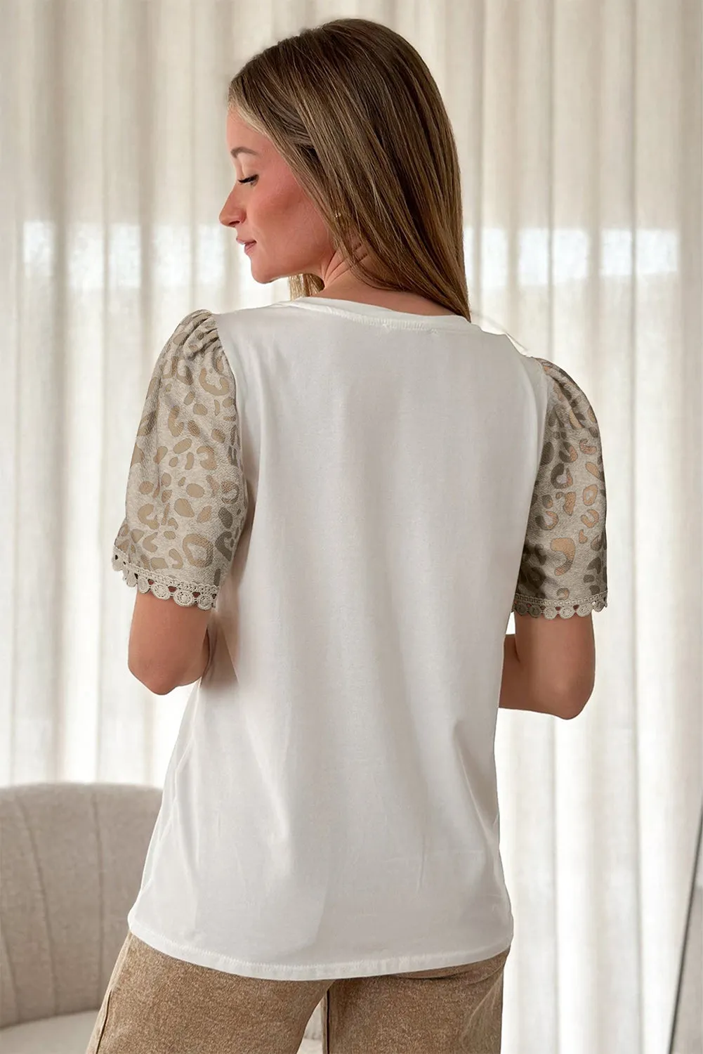 White Leopard Patchwork Crochet Lace Trim Puff Sleeve T Shirt sold by Beagle Boutique product image thumbnail 2