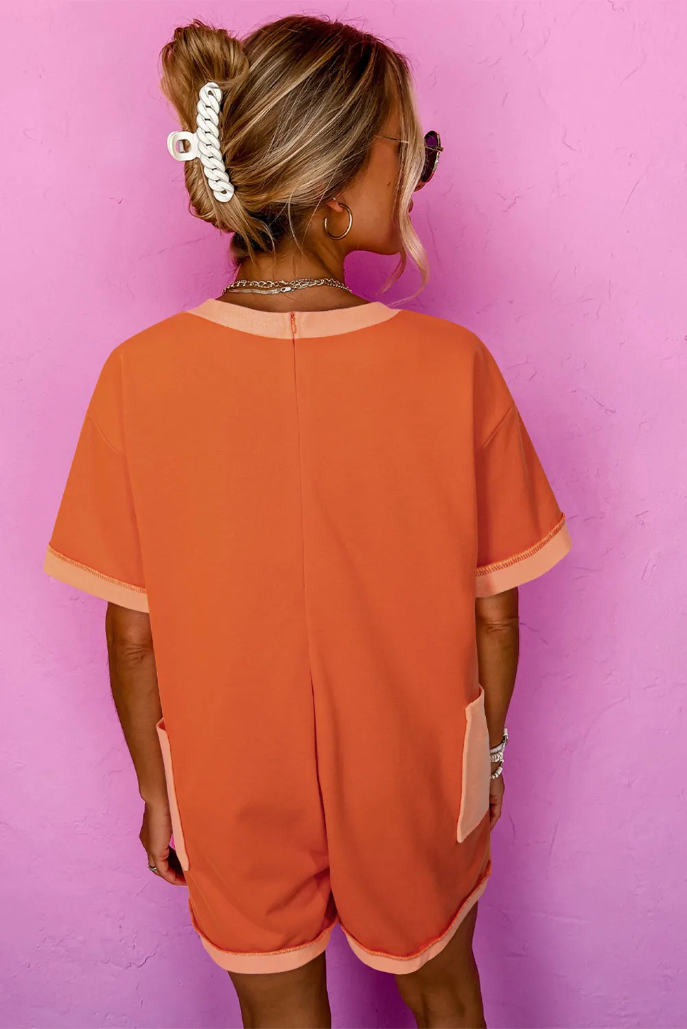 Russet Orange Two-tone Short Sleeve V Neck Patched Pocket Loose Romper sold by Beagle Boutique product image thumbnail 2