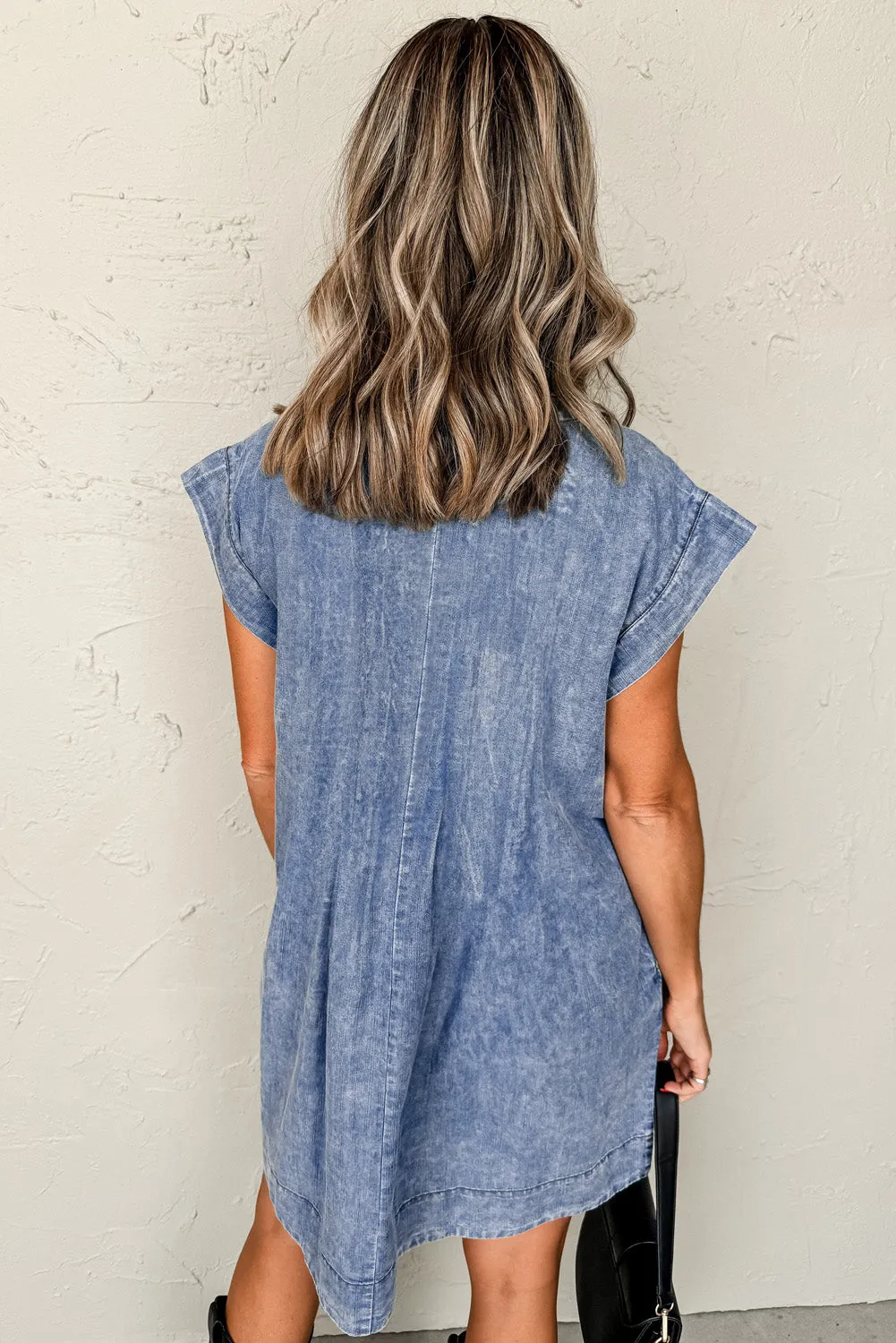 Beau Blue Tie V-Neck Tucking Detail Short Sleeve Denim Shift Dress sold by Beagle Boutique product image thumbnail 2