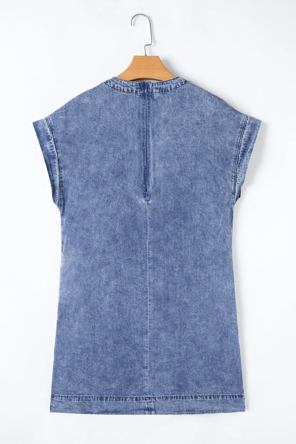 Beau Blue Tie V-Neck Tucking Detail Short Sleeve Denim Shift Dress sold by Beagle Boutique product image thumbnail 5