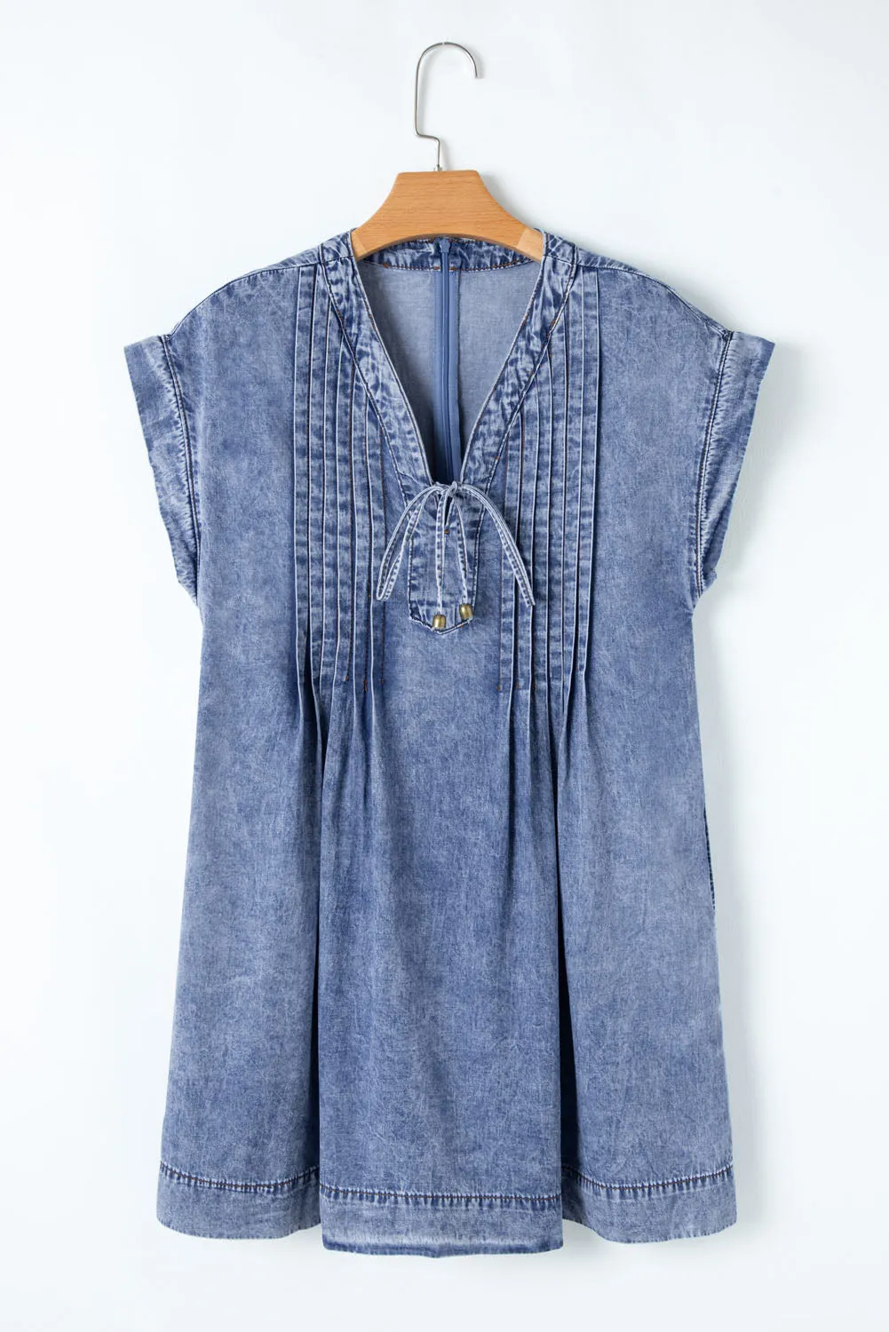 Beau Blue Tie V-Neck Tucking Detail Short Sleeve Denim Shift Dress sold by Beagle Boutique product image thumbnail 4