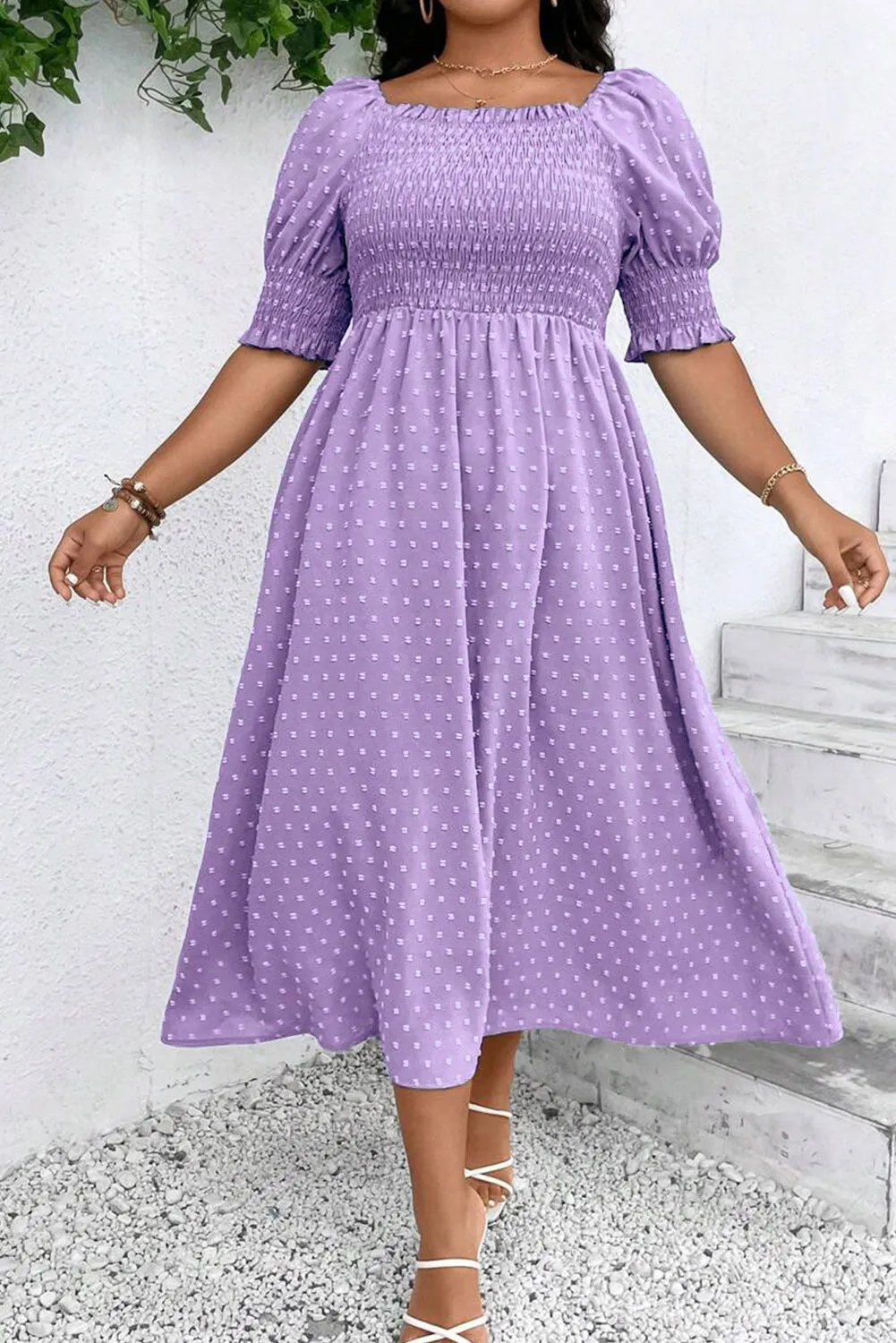 Wisteria Swiss Dot Smocked Frilled Neckline Short Sleeve Plus Size Dress sold by Beagle Boutique product image thumbnail 4