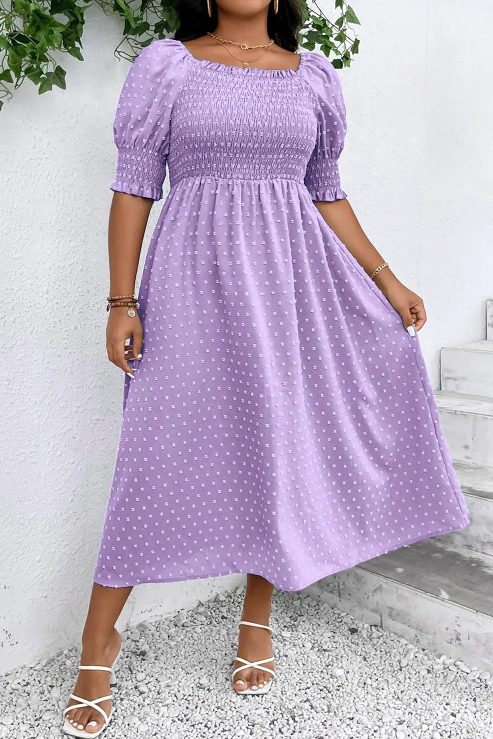 Wisteria Swiss Dot Smocked Frilled Neckline Short Sleeve Plus Size Dress sold by Beagle Boutique product image thumbnail 5