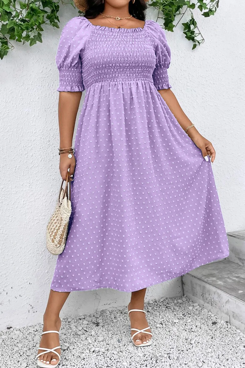 Wisteria Swiss Dot Smocked Frilled Neckline Short Sleeve Plus Size Dress sold by Beagle Boutique product image thumbnail 3