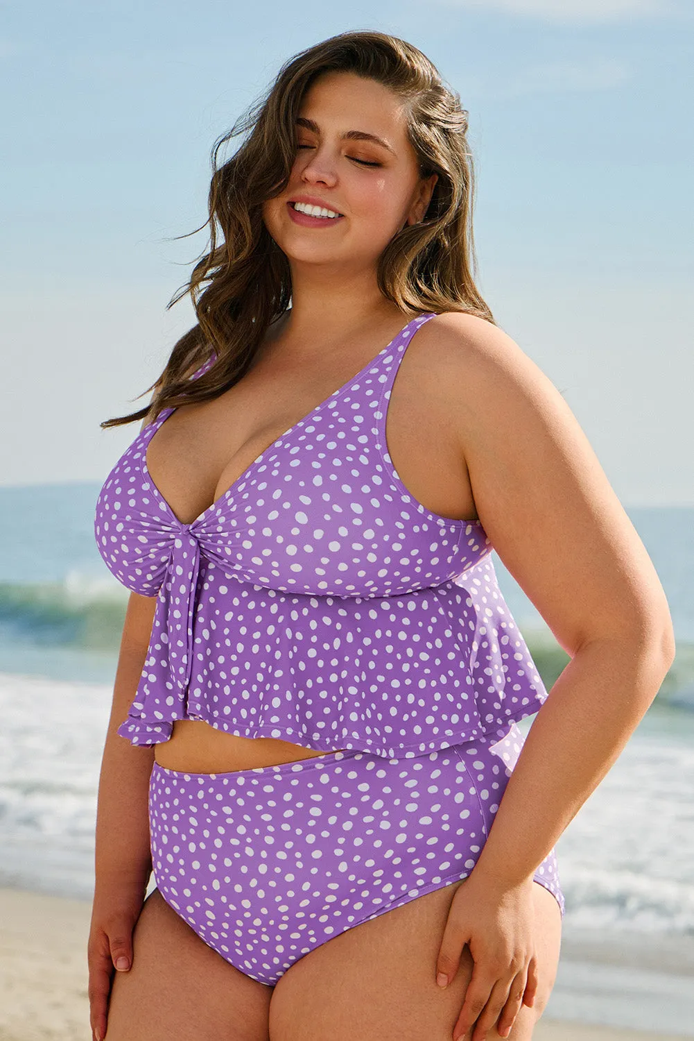 Purple Plus Size Polka Dot Print Ruffled Knotted V Neck Tankini Set sold by Beagle Boutique product image thumbnail 3