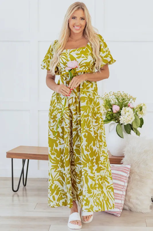 Green Scalloped Trim Square Neck High Waist Floral Maxi Dress made by Beagle Boutique