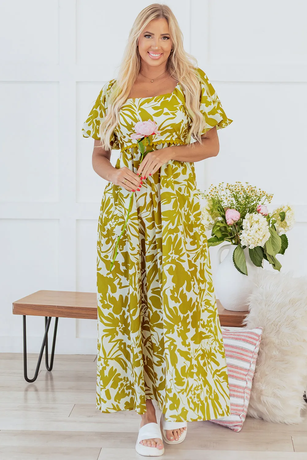 Green Scalloped Trim Square Neck High Waist Floral Maxi Dress sold by Beagle Boutique