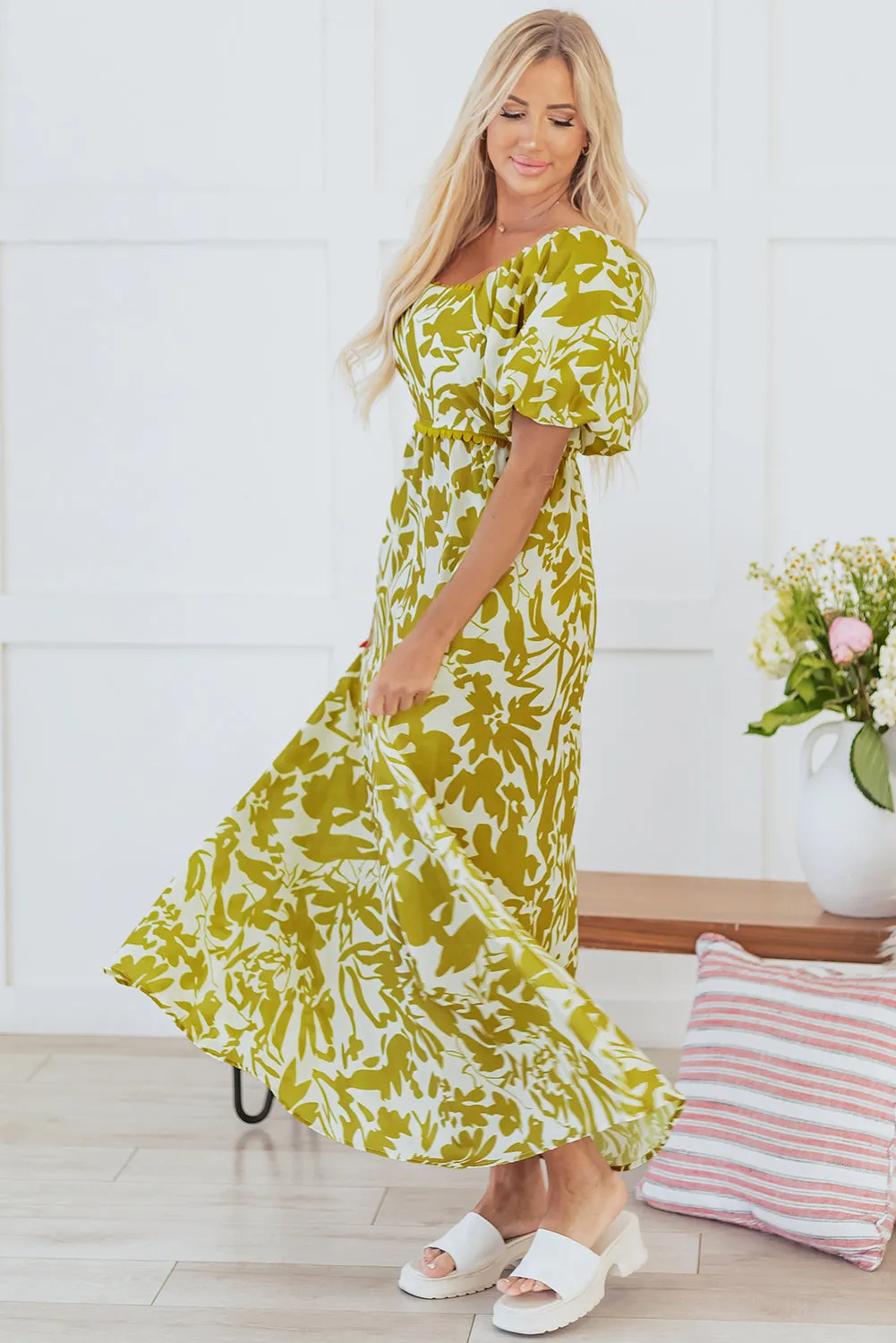 Green Scalloped Trim Square Neck High Waist Floral Maxi Dress sold by Beagle Boutique product image thumbnail 4