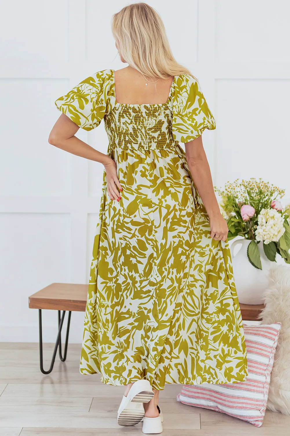 Green Scalloped Trim Square Neck High Waist Floral Maxi Dress sold by Beagle Boutique product image thumbnail 2