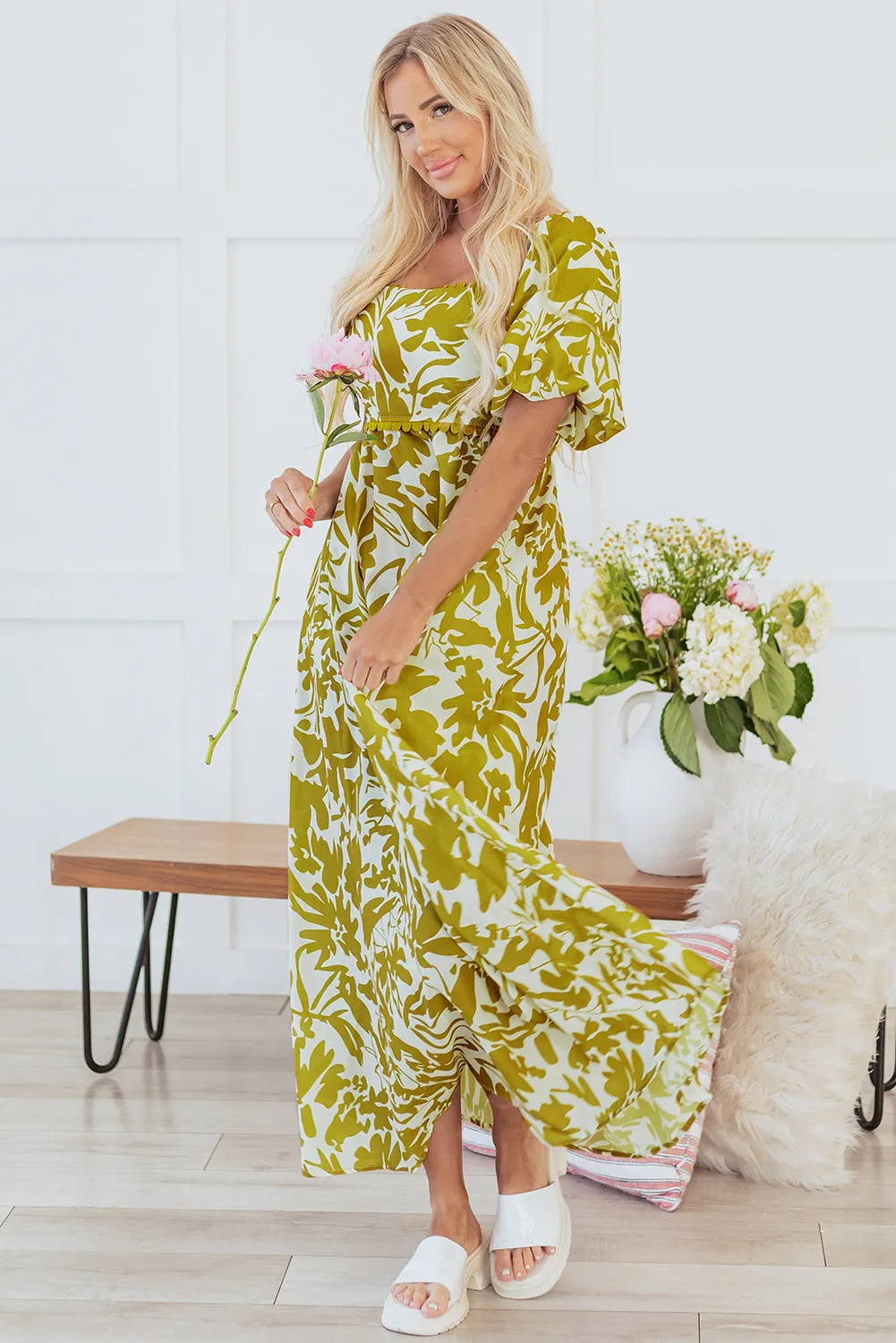 Green Scalloped Trim Square Neck High Waist Floral Maxi Dress sold by Beagle Boutique product image thumbnail 3
