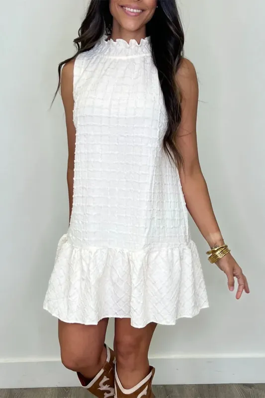 White Textured Frilled High Neck Sleeveless Ruffled Mini Dress sold by Beagle Boutique