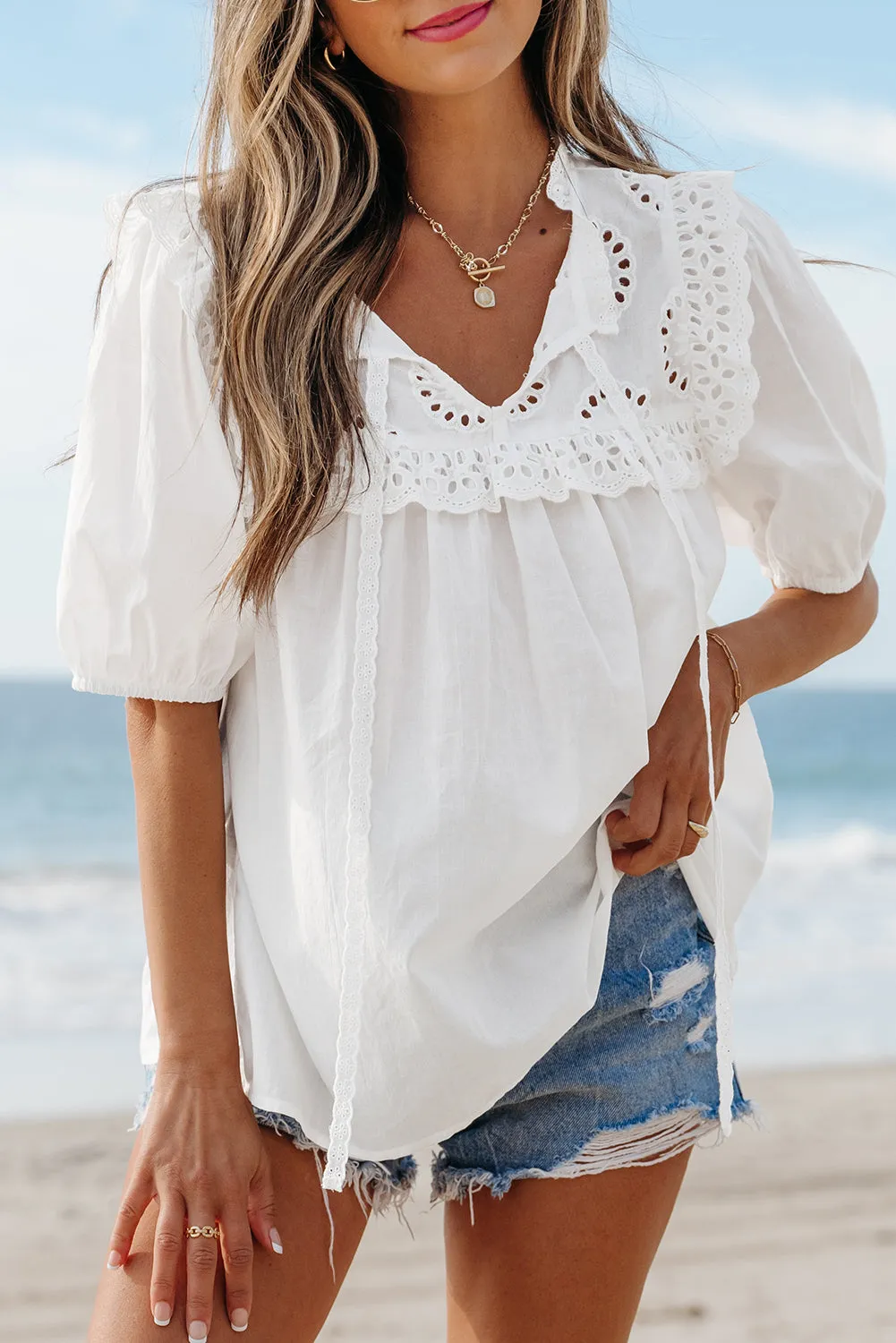 White Embroidered Lace Patchwork Tie Neck Puff Short Sleeve Blouse sold by Beagle Boutique product image thumbnail 5