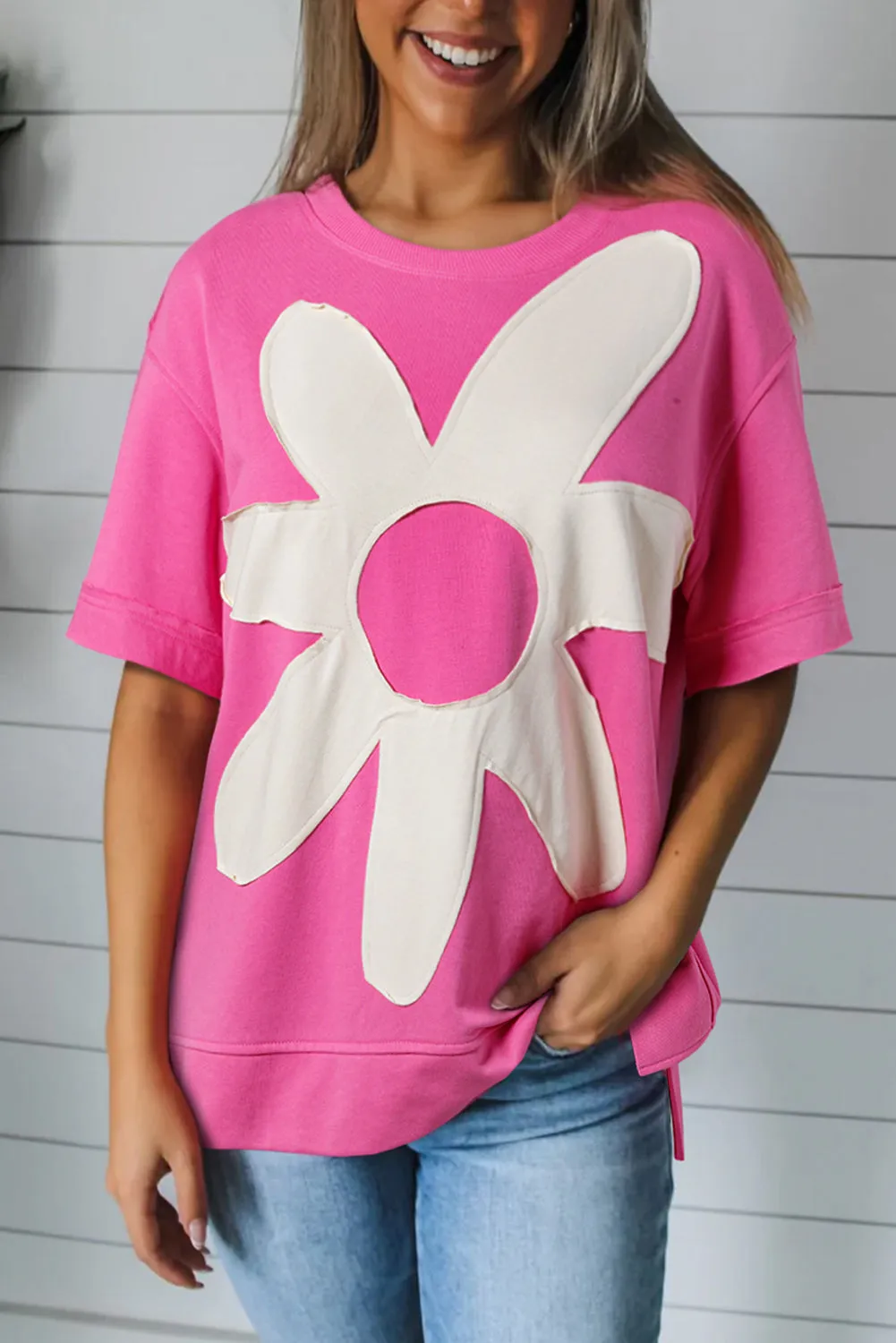 Sachet Pink Contrast Flower Drop Shoulder Loose T Shirt sold by Beagle Boutique