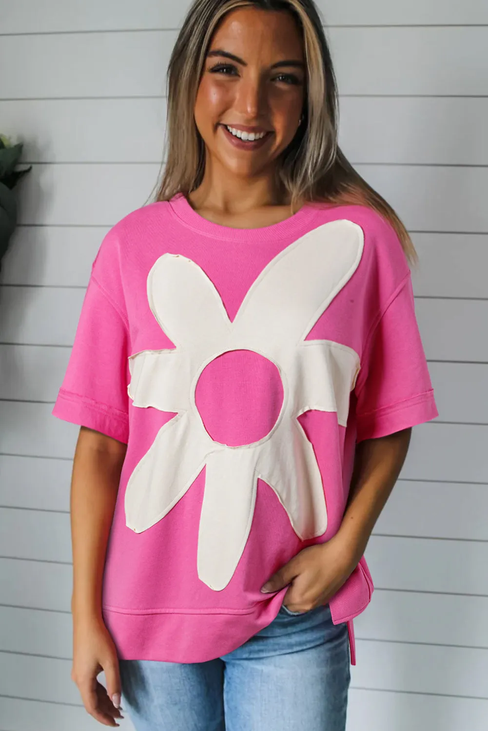 Sachet Pink Contrast Flower Drop Shoulder Loose T Shirt sold by Beagle Boutique product image thumbnail 3