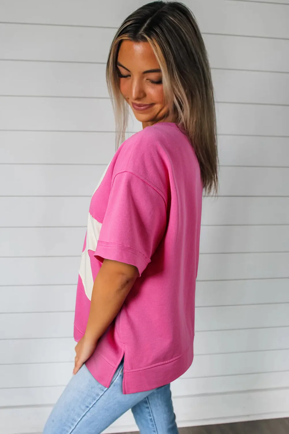 Sachet Pink Contrast Flower Drop Shoulder Loose T Shirt sold by Beagle Boutique product image thumbnail 2