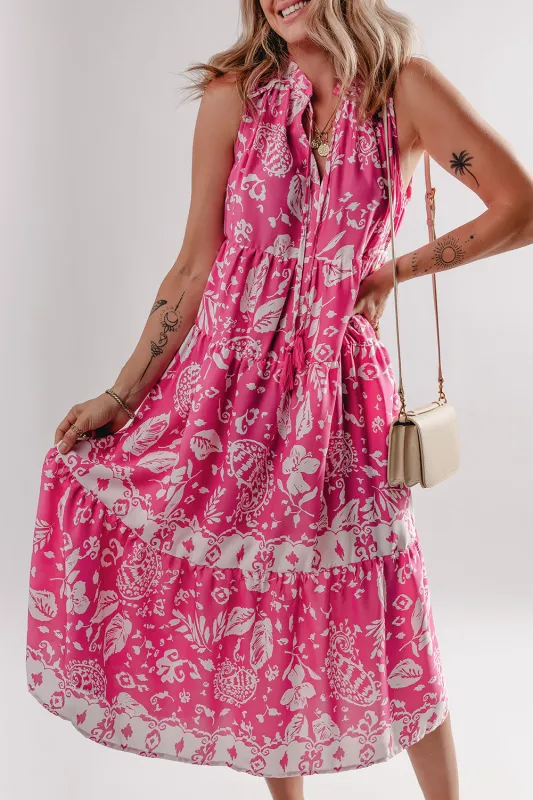 Rose Floral Sleeveless Tasseled Lace-up Neck Tiered Midi Dress sold by Beagle Boutique